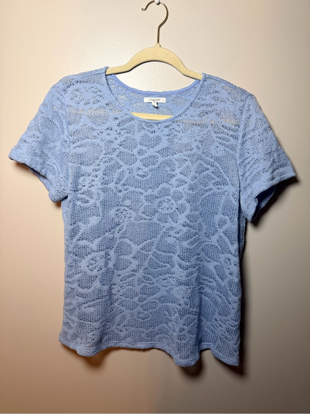 Maurices Baby Blue Floral Lace Short Sleeve Knit Top Large